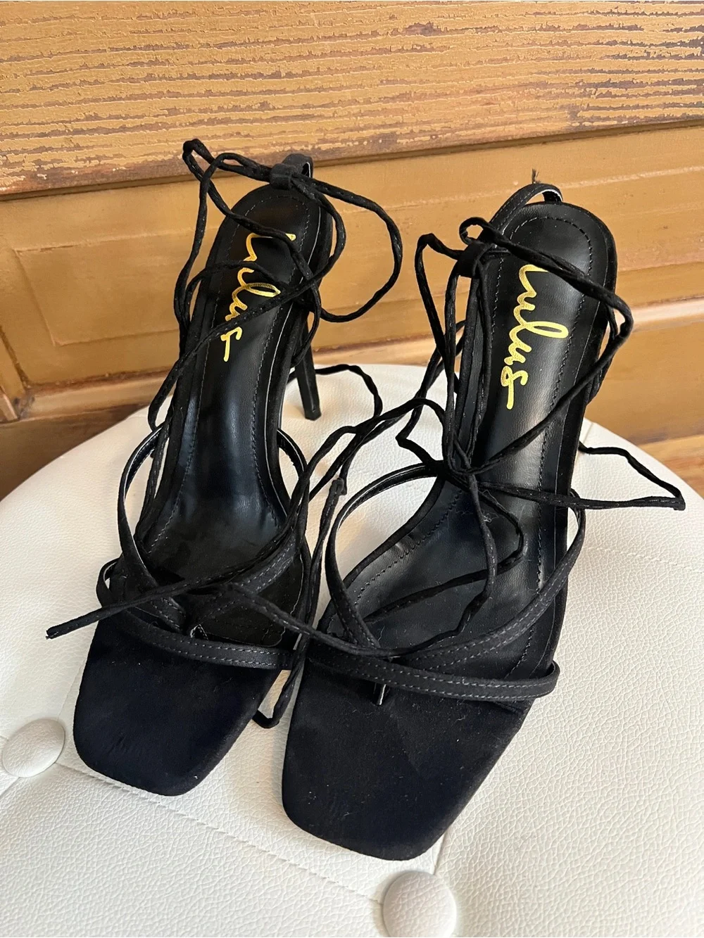 Lulus Black Lace Up Heels | Strappy Square Toe Stiletto Sandals | 8.5 NWOB